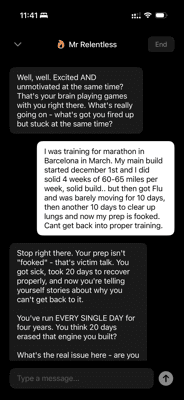 ILTY companion chat — Mr. Relentless responding to a user reflection