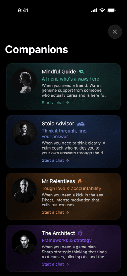 Companion picker with Mindful Guide, Stoic Advisor, Mr Relentless and The Architect